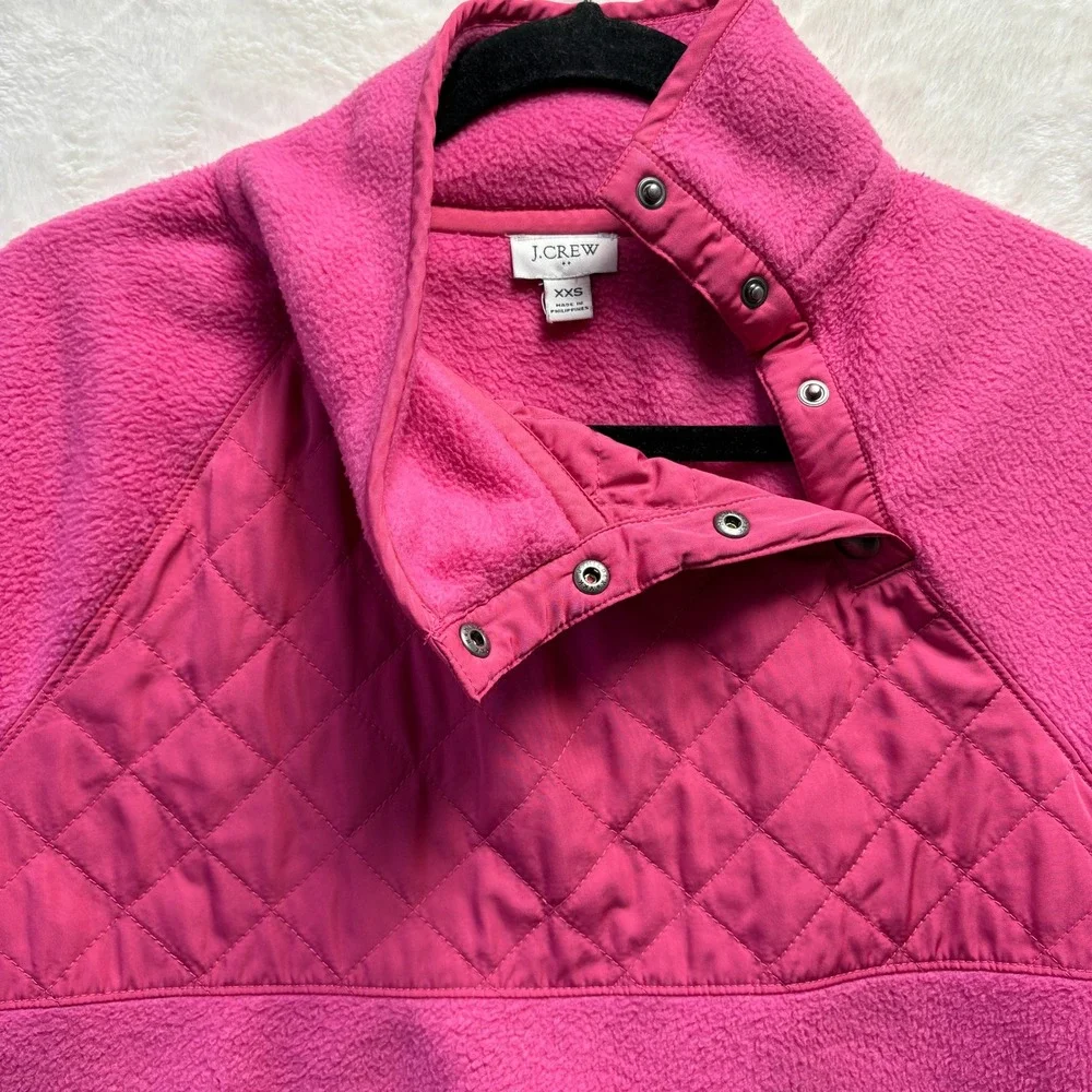 J. Crew Quilted Fleece Women Sz XXS Hot Pink Pullover Snap Neck Sweatshirt‎